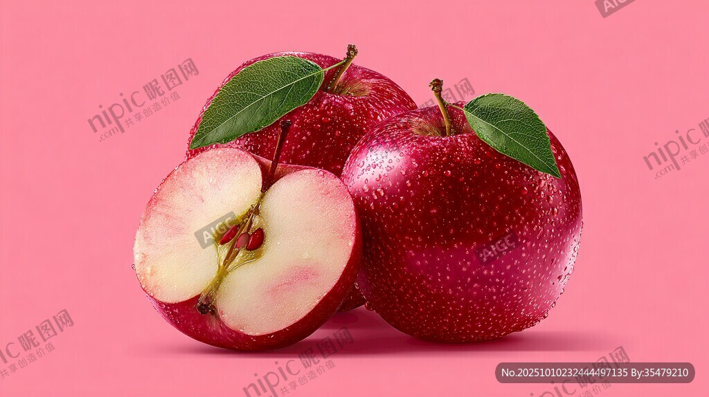 粉红背景下的鲜润红苹果
