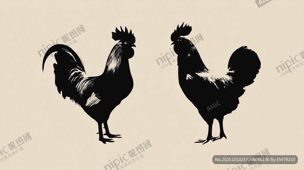双雄对峙的公鸡剪影