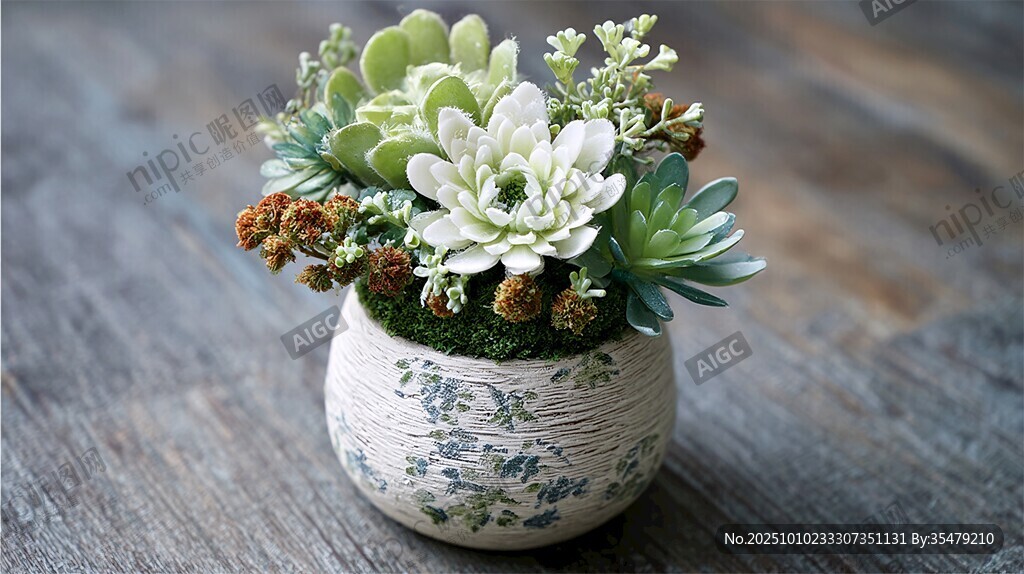 精致多肉盆栽摆于木桌