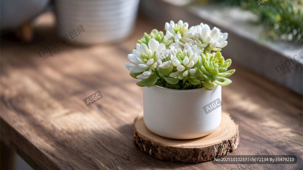 白色小盆栽多肉植物特写