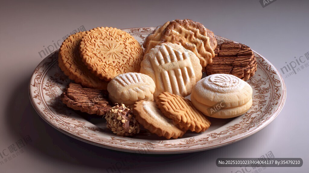 美味多样的饼干摆放在盘中