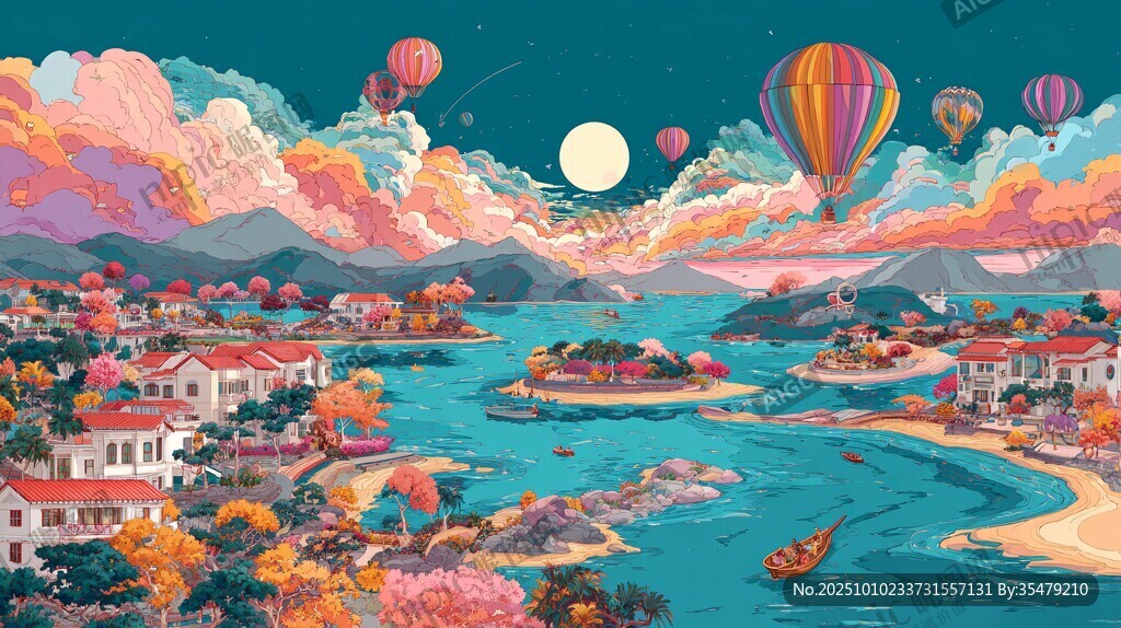 梦幻海滨夜景与缤纷热气球