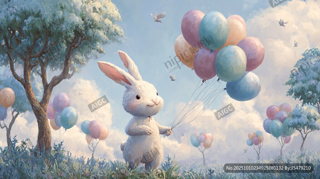 兔子持气球漫步梦幻草地