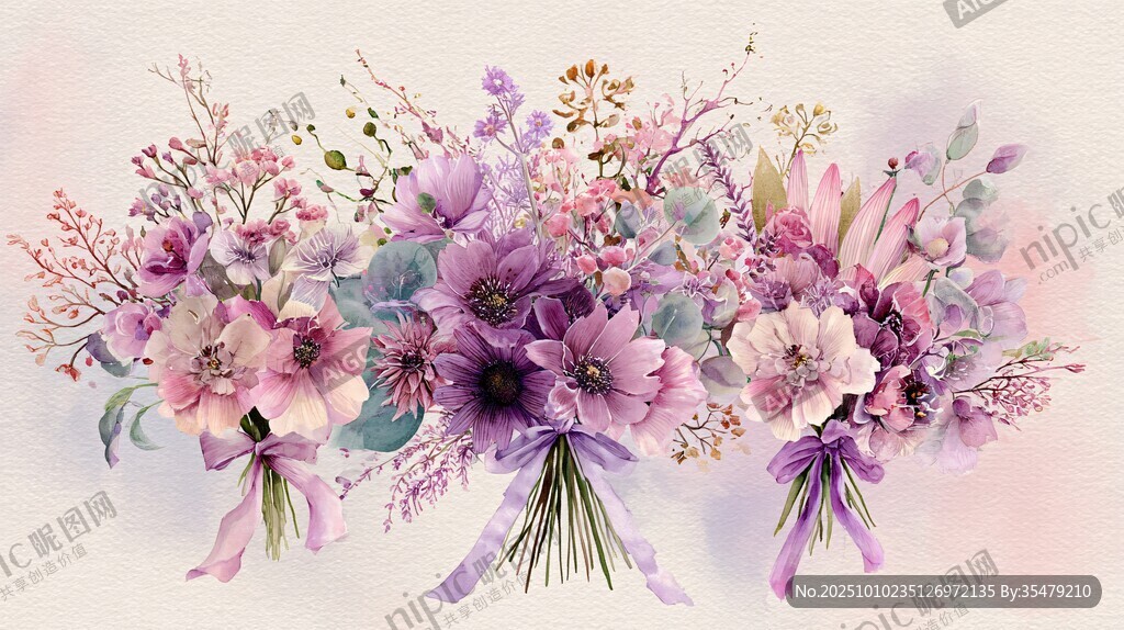 梦幻紫粉系手绘花卉花束