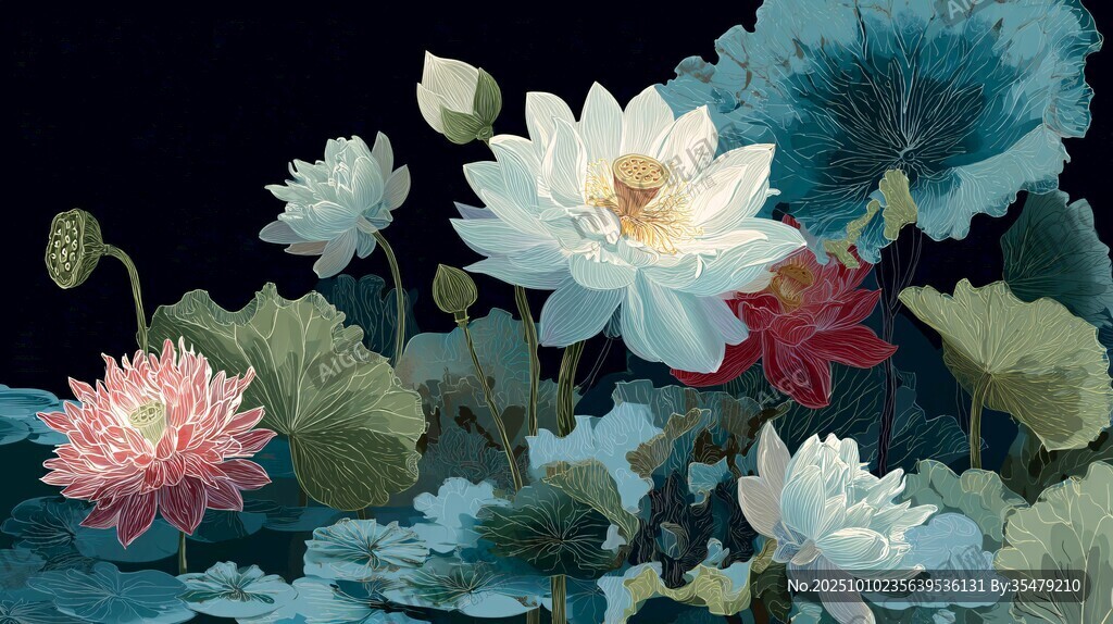 水墨风荷花绽放图