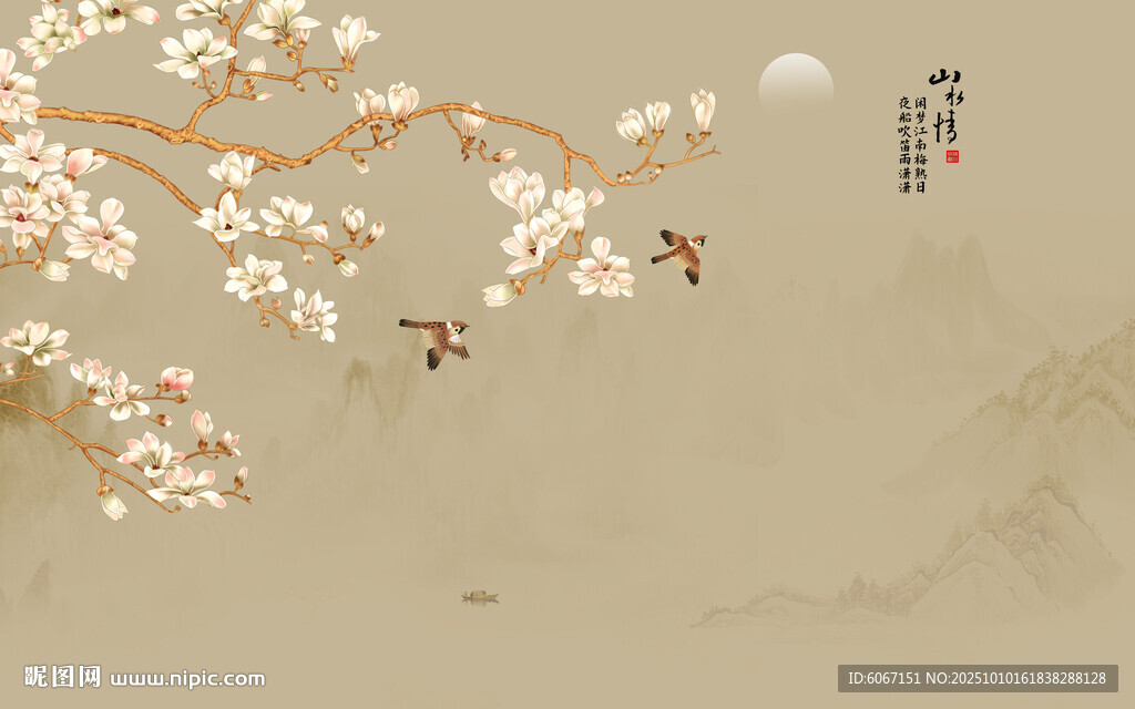 新中式工笔花鸟画背景墙