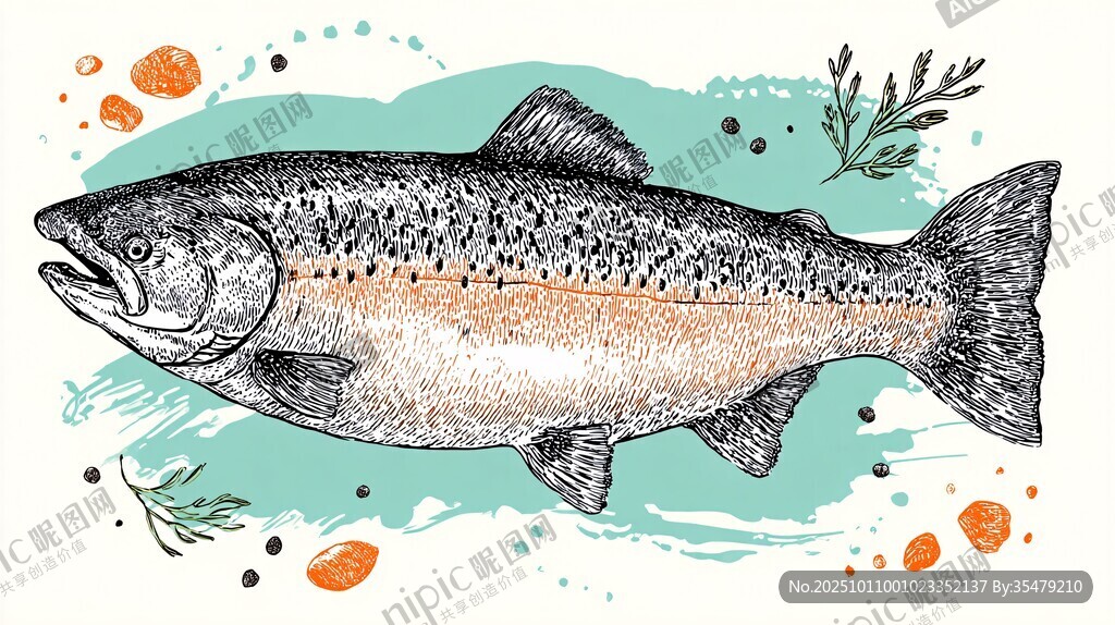 手绘三文鱼插画