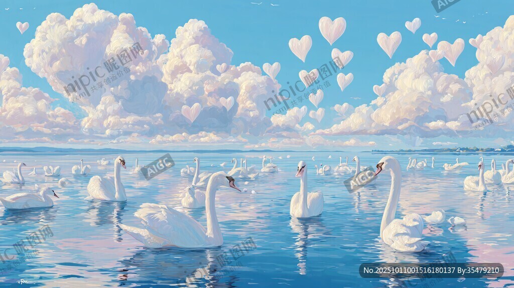 天鹅在爱心云朵下的浪漫湖景