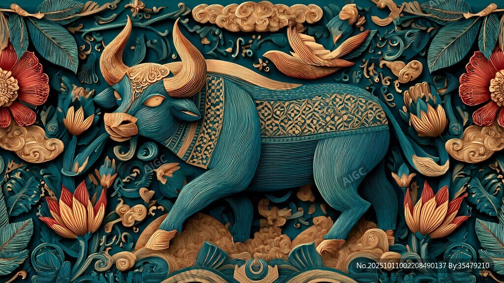 中式浮雕牛年吉祥图案