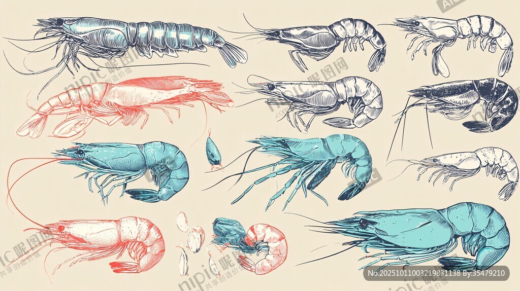 手绘多彩鲜虾插画集