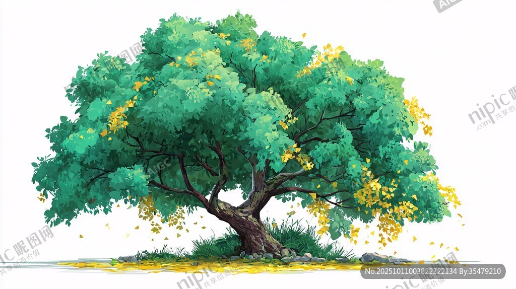 茂盛的绿树绽放金黄花朵