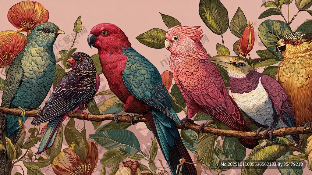 多彩鹦鹉栖于繁花枝头