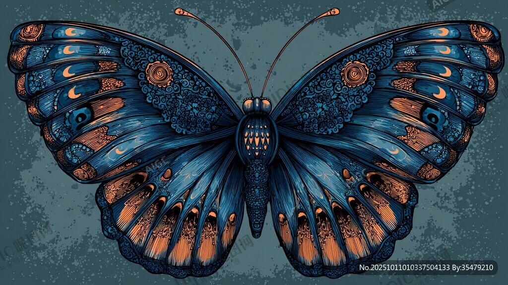 蓝色梦幻花纹蝴蝶插画