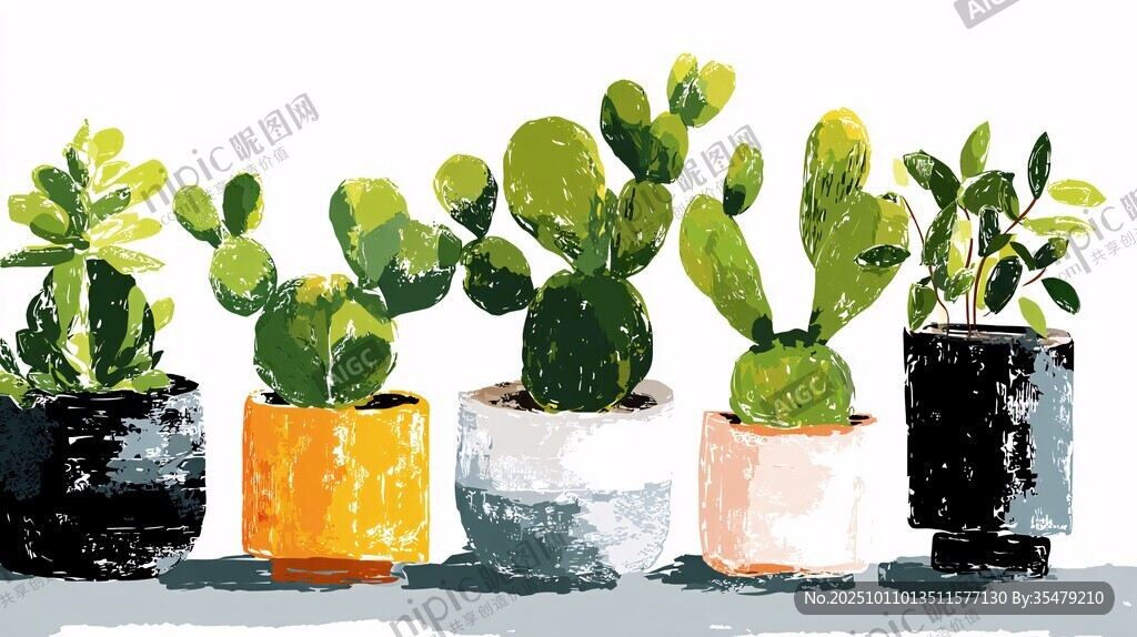 一排多彩盆栽仙人掌