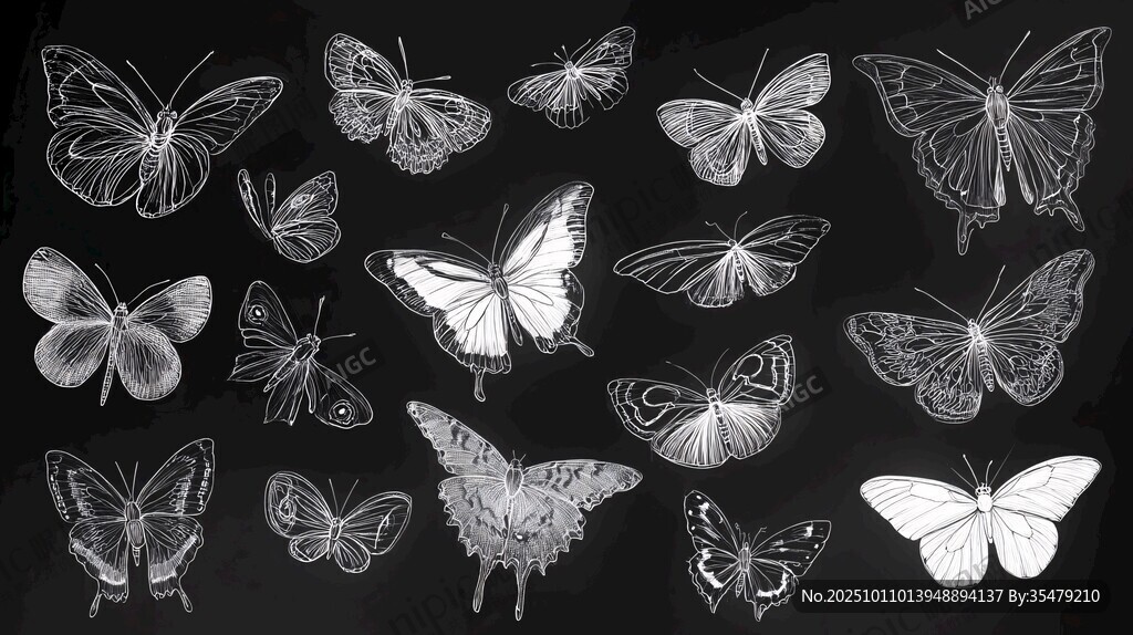 黑白手绘蝴蝶图案集合