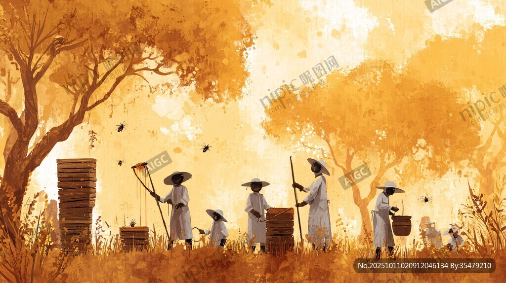 秋日林间养蜂人劳作场景