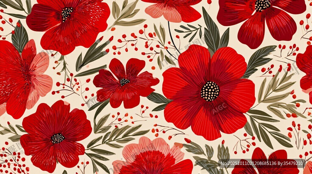 红色花卉图案背景纹理