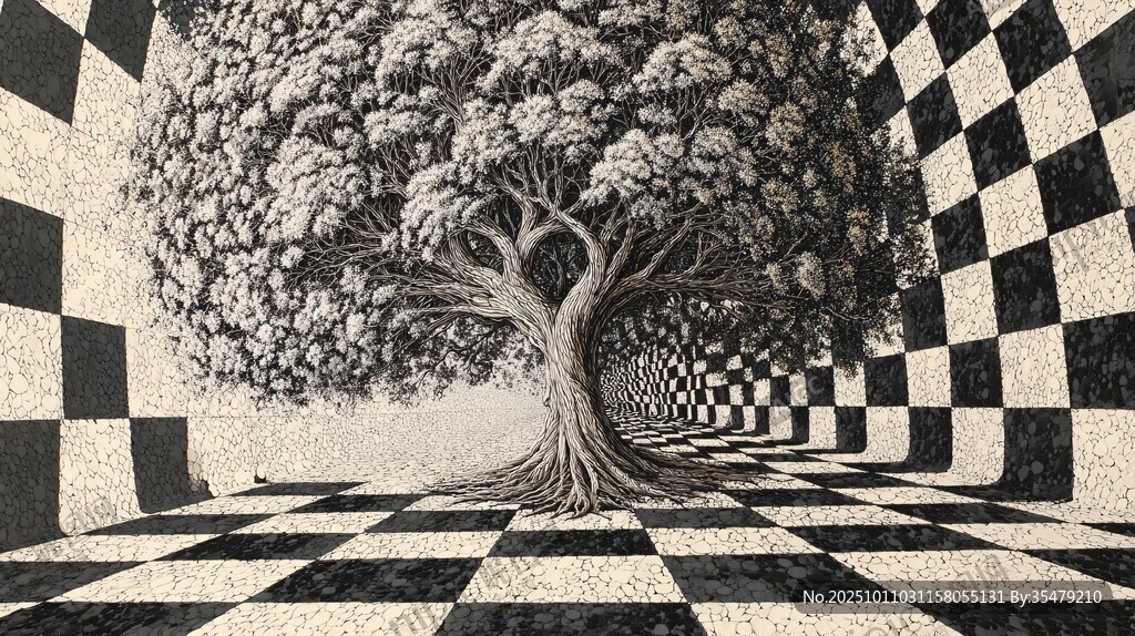 黑白棋盘间的奇幻大树