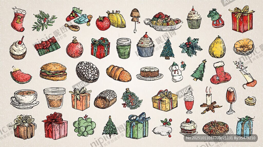 手绘圣诞美食与节日元素