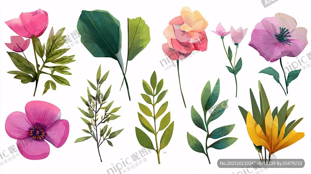 多彩花卉与绿叶插画素材