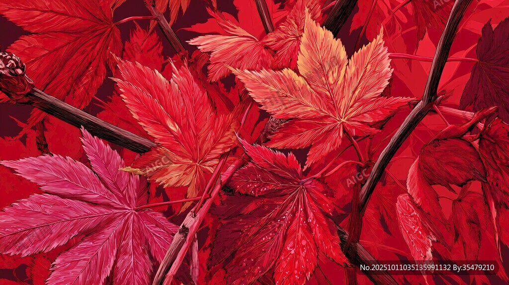 秋日艳丽红枫叶特写