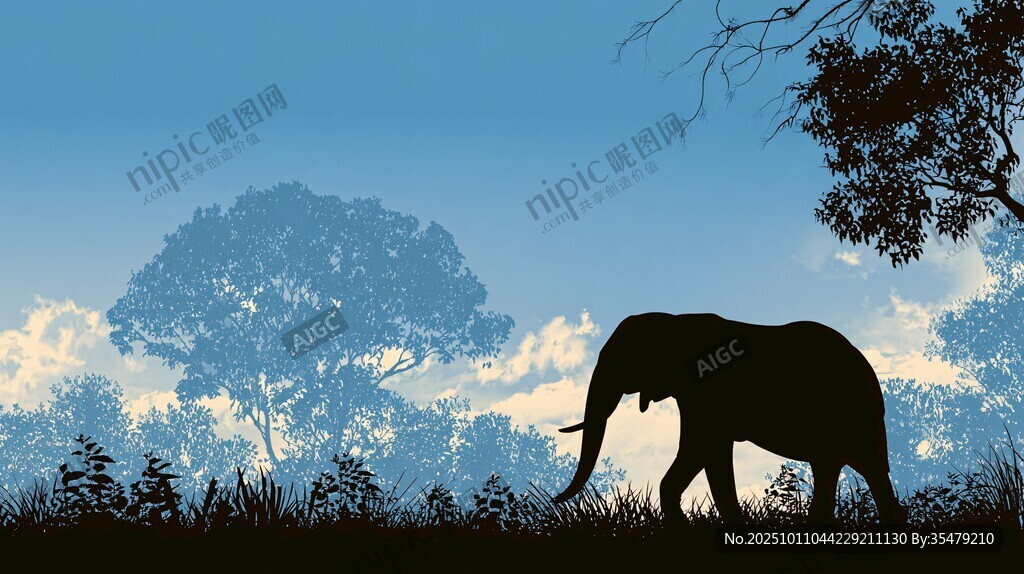 黄昏下漫步的大象剪影
