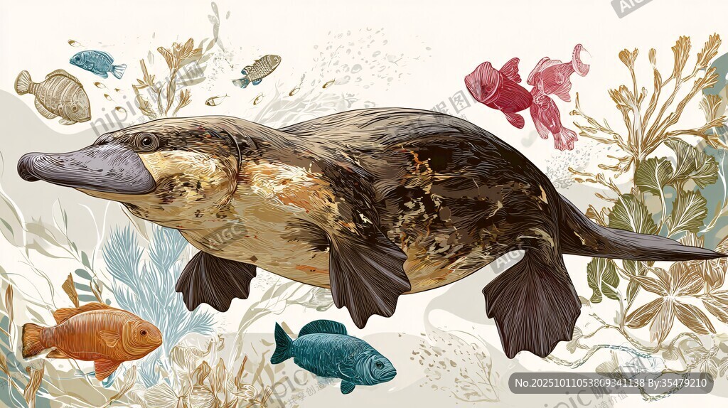 鸭嘴兽在水生植物间游动