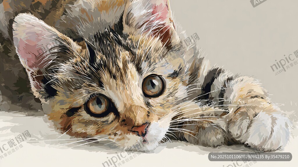 趴着的三色小猫油画