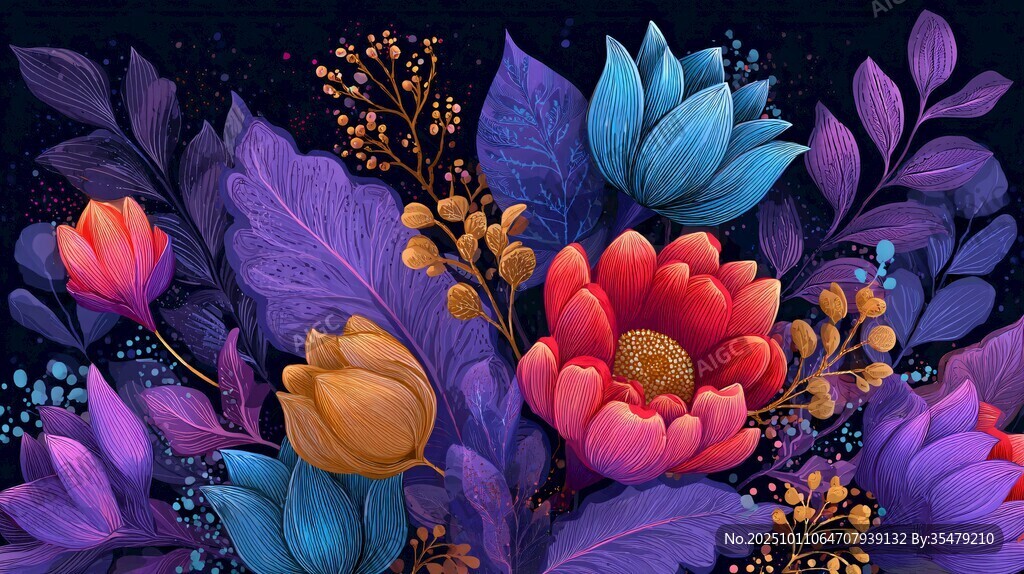 梦幻绚丽花卉插画