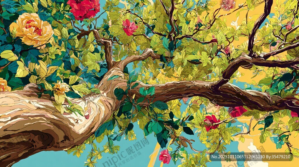 繁花满枝的绚烂树景