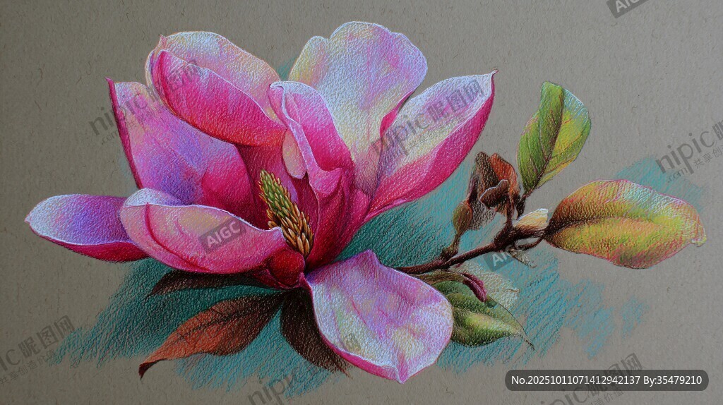 彩铅绘就的娇艳玉兰花