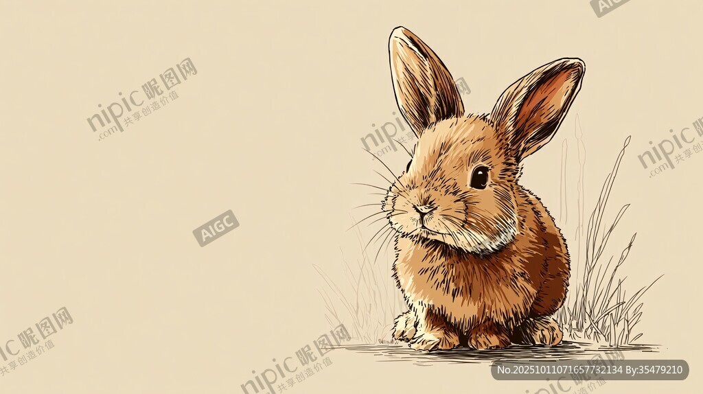可爱棕色小兔的温馨插画