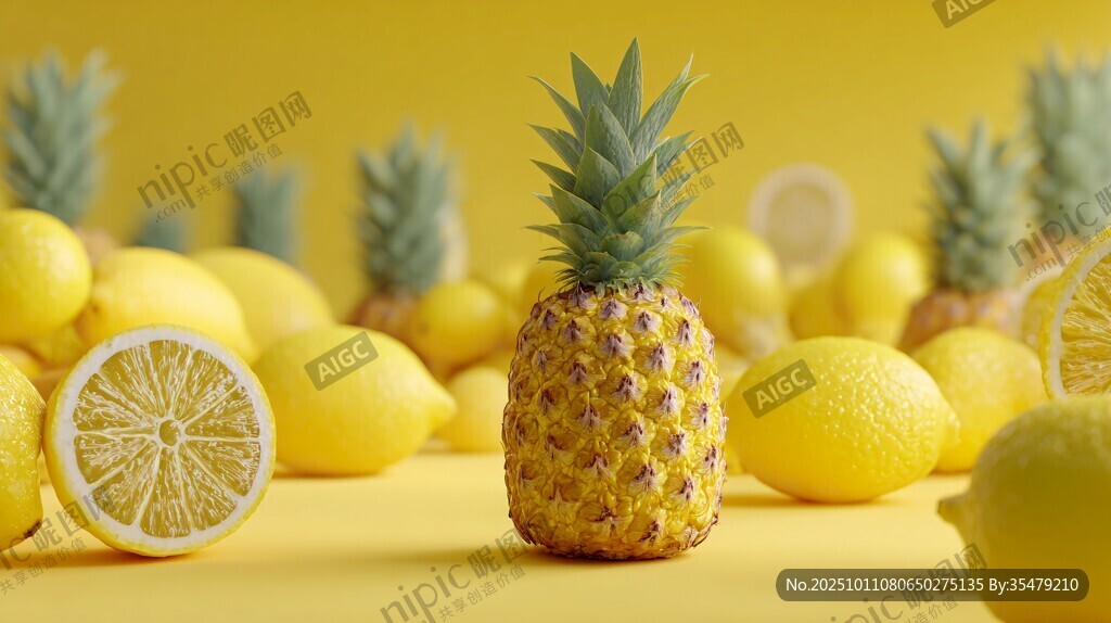 黄色背景下的菠萝与柠檬