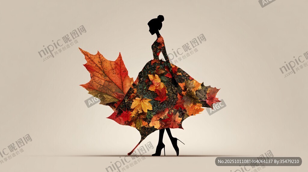 枫叶裙装的优雅女性剪影