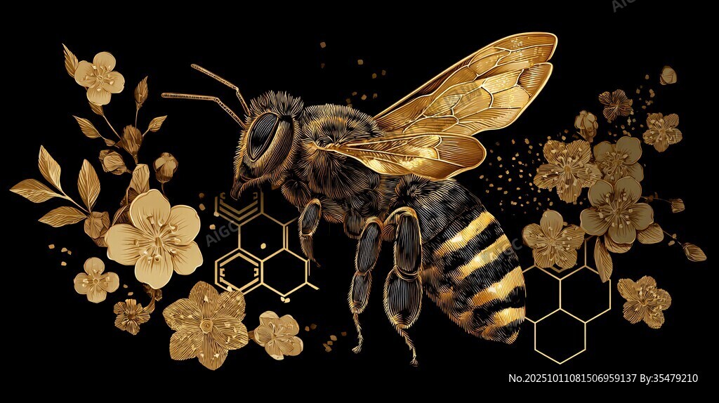 金色蜜蜂与花卉梦幻插画
