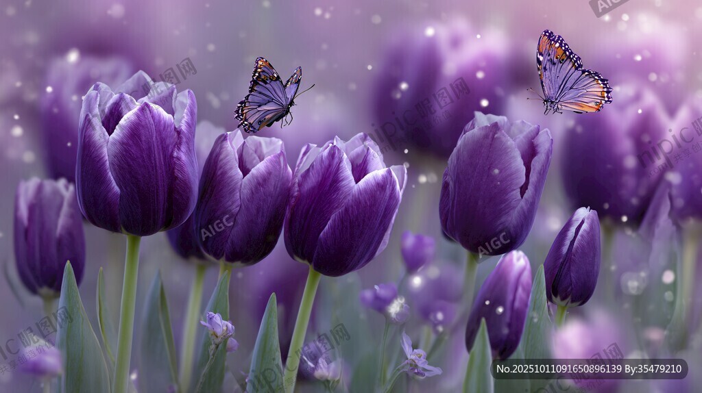 紫色郁金香与蝶的梦幻场景