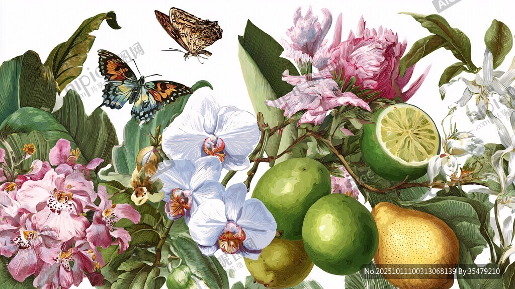 花卉柠檬与蝴蝶的美妙组合