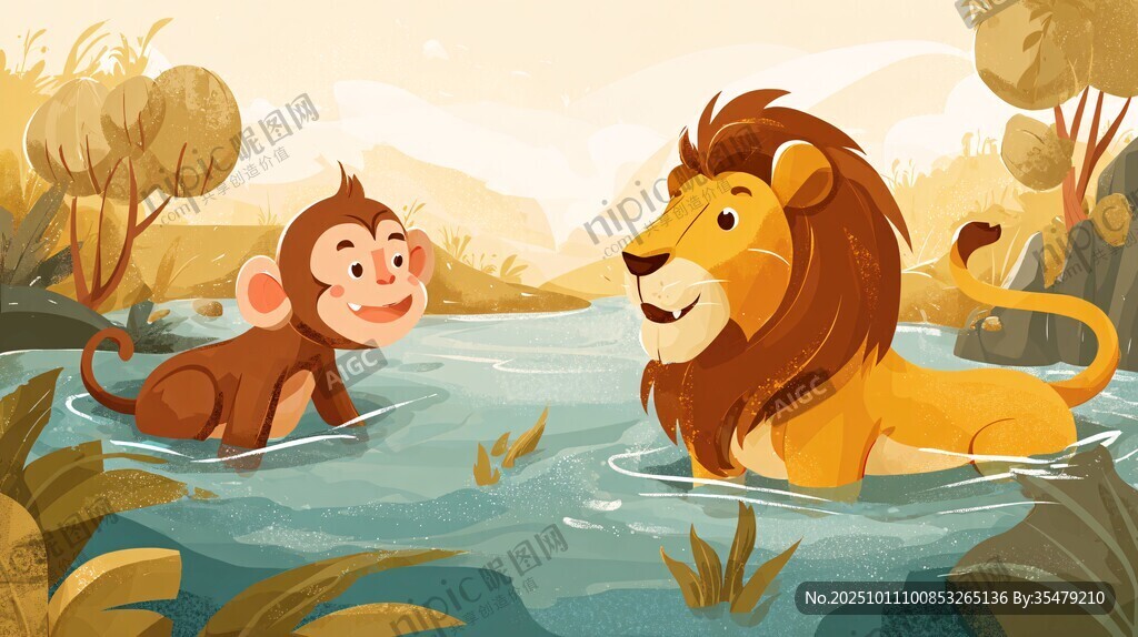 狮子与猴子在水中嬉戏