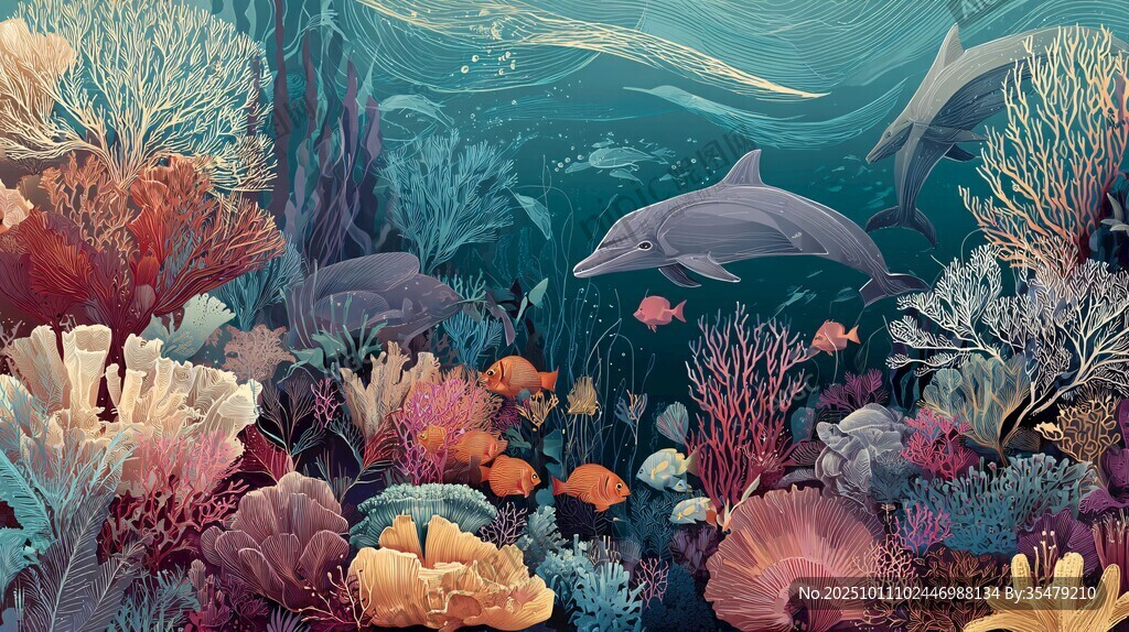 梦幻海底世界的海豚与珊瑚