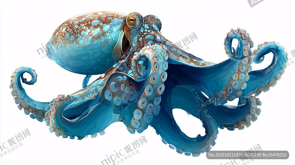 梦幻蓝色章鱼艺术插画