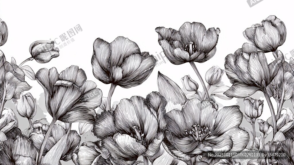 黑白郁金香花卉插画