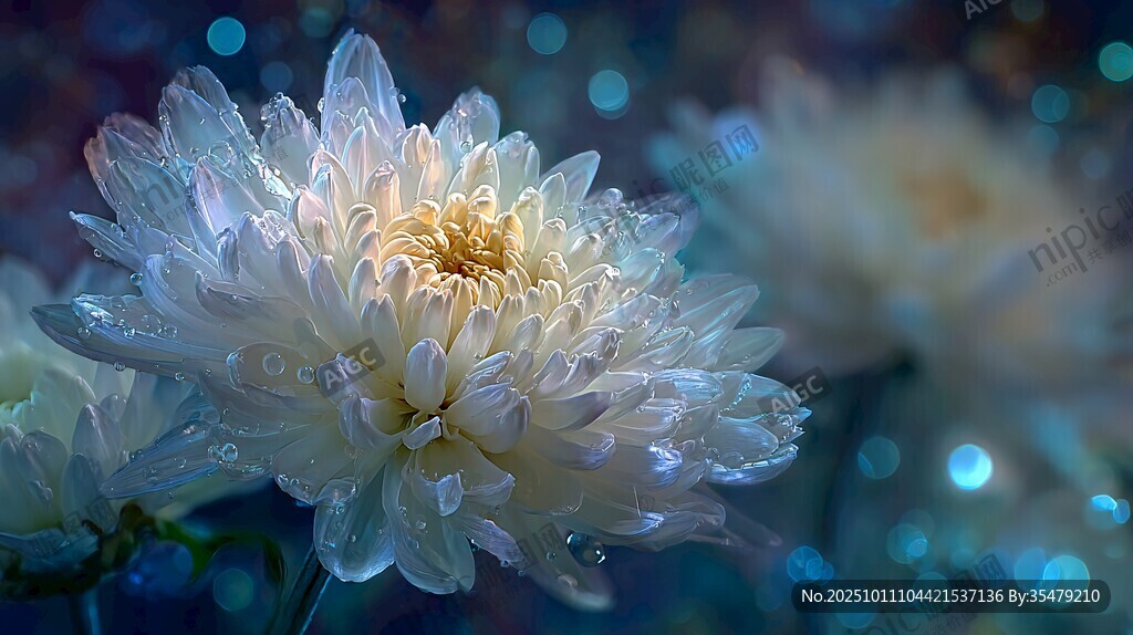 梦幻白菊绽露晶莹水珠