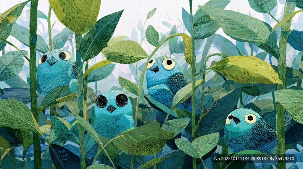 绿叶间的蓝色萌趣小鸟