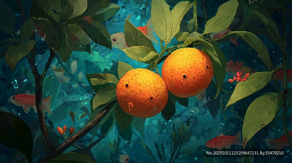 奇幻场景中的俏皮橘子
