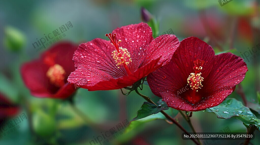 娇艳红槿花带露绽放