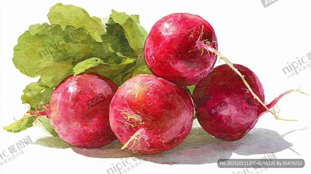 新鲜红皮萝卜水彩画