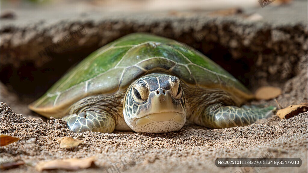 绿海龟从沙中探出脑袋