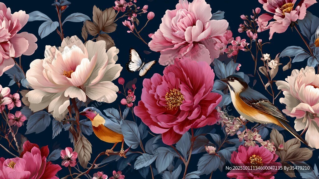 繁花飞鸟中式浪漫图案