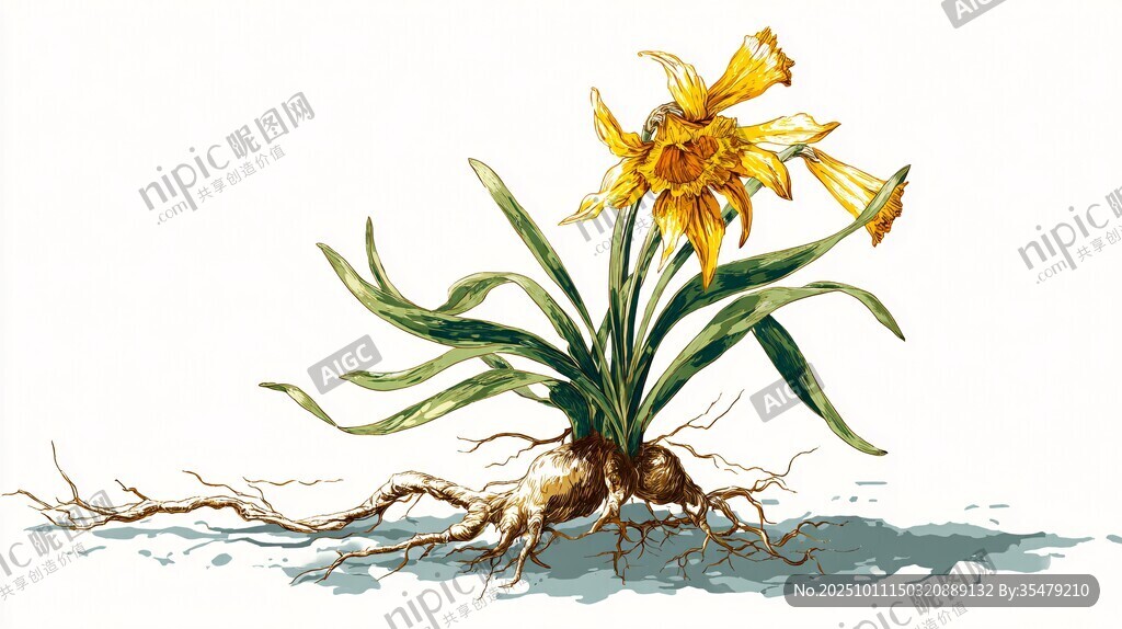 水彩绘黄色萱草花卉图