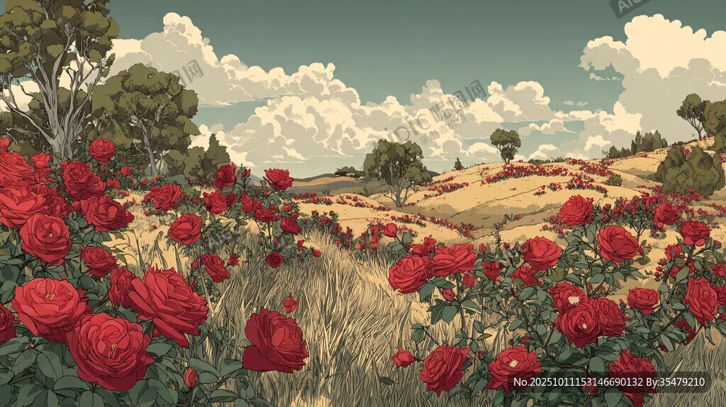 玫瑰盛放的旷野田园风光